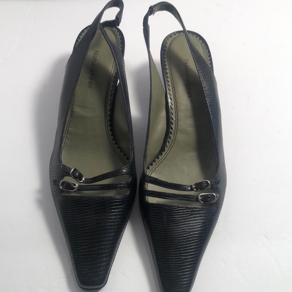 Woman’s black patent leather naturalizer kitten sling back heels